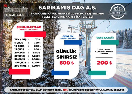 SARIKAMIŞ KAYAK MERKEZİ 2024/2025 KIŞ SEZONU TELESİYEJ ÇIKIŞ KART FİYAT LİSTESİ